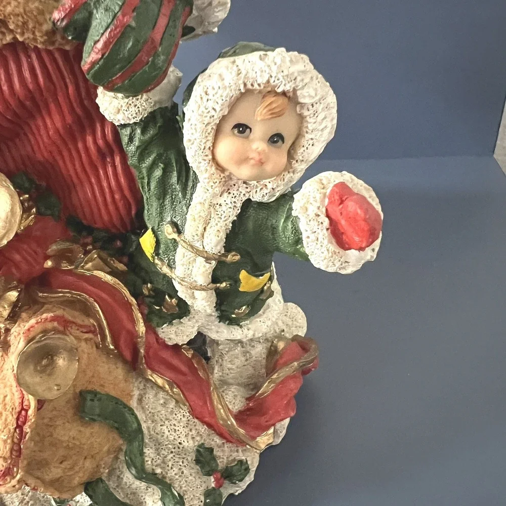 Santa Claus Christmas Resin Decor With Child And Toy Sack Hand Painted 10 Inches